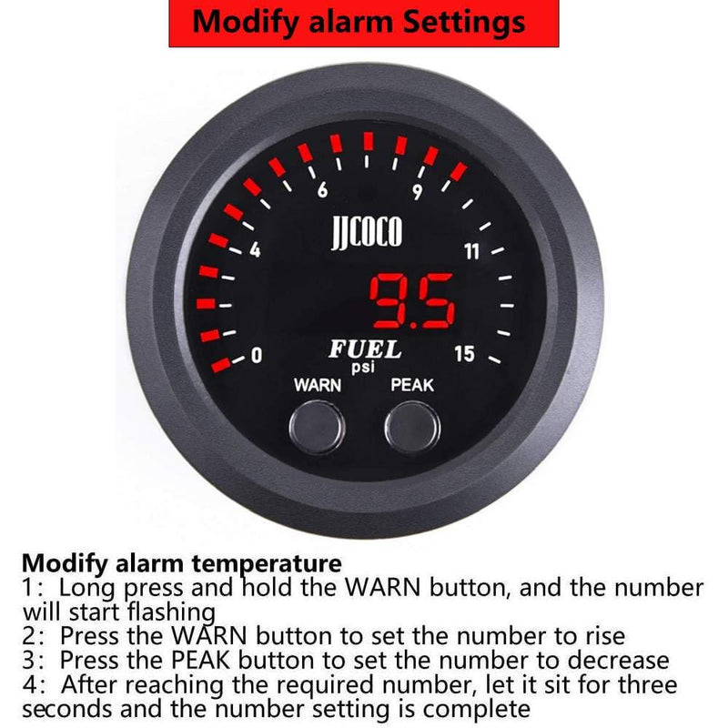 15PSI Fuel Pressure Gauge 2‑1/16in 52mm Ultra Thin Red LED Includes 1/8NPT Electronic Sensor - for Car & Truck