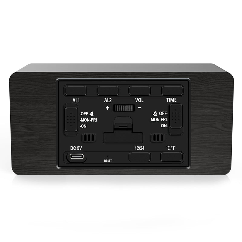 MOSITO Digital Wooden Alarm Clock with Wireless Charging, 0-100% Dimmer, Dual Alarm, Weekday/Weekend Mode, Snooze, Wood LED Clocks for Bedroom, Bedside, Desk, Kids (Black) Black