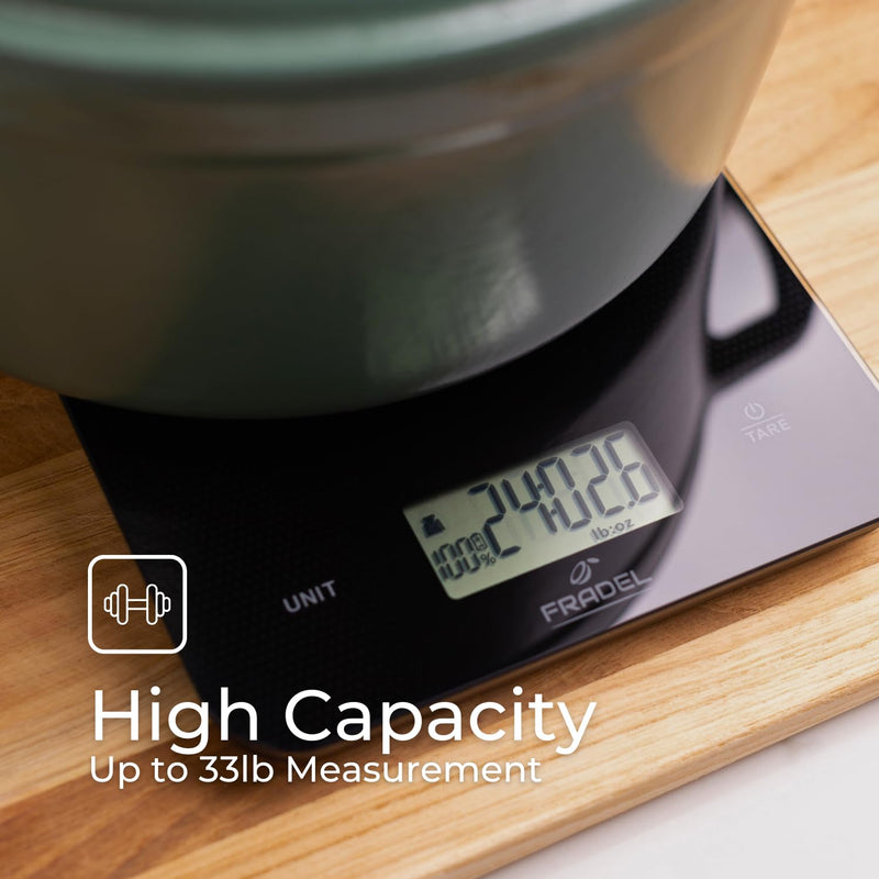 Fradel Solar Food Scale - No Batteries Required, 33lb, 1g Accuracy, Measures in Grams & Ounces