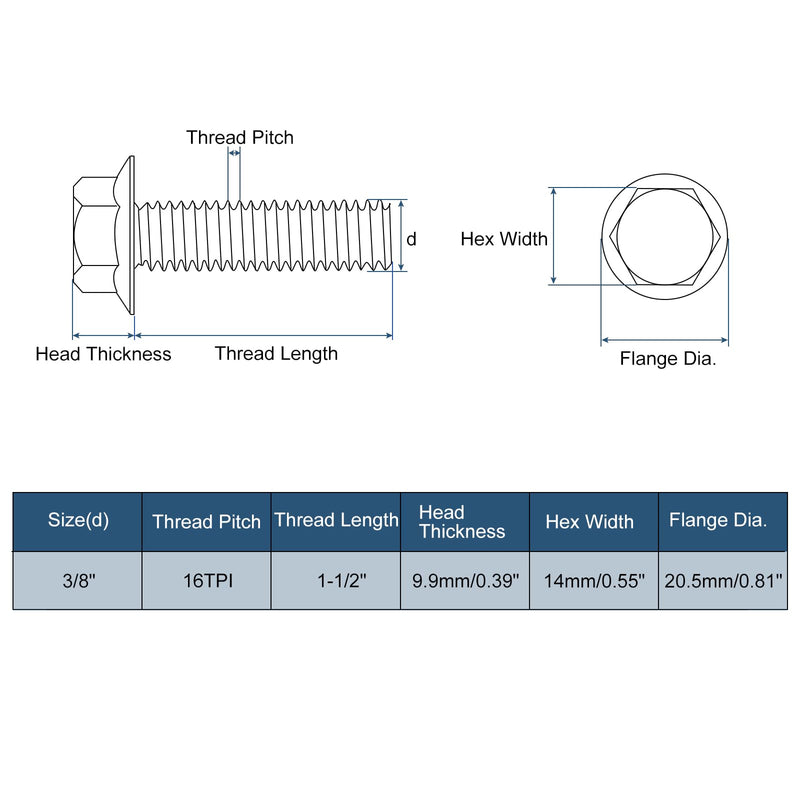 uxcell 25Pcs 3/8-16 x 1-1/2" Flanged Hex Head Bolts, 304 Stainless Steel Flange Hexagon Screws, Flange Hex Drive Screws 5.8 Grade for Machinery Industry Home Appliances, Silver 3/8-16 x 1-1/2" 25
