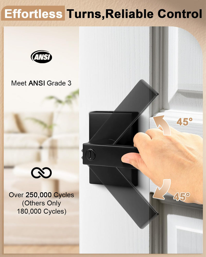 Probrico Interior Privacy Matte Black Door Handle, Long Plate Keyless Door Lever with Lock for Bedroom and Bathroom, 2 Pack