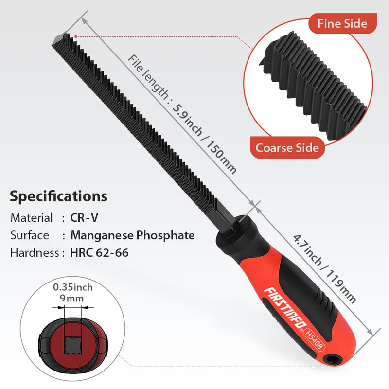 FIRSTINFO 4-Sided Brake Caliper File, Coarse/Fine Teeth, 9mm Width | CR-V steel | HRC 62-66 | 5.9" file length | Anti-slip surface | Cushioned grip | Made in Taiwan
