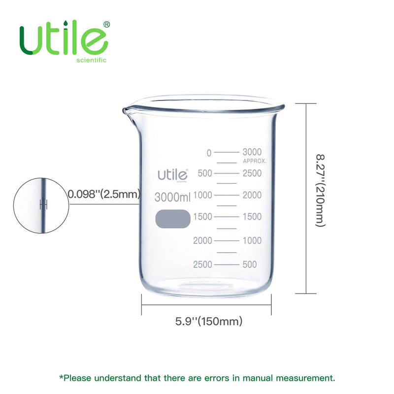 Utile 101.45oz(3000ml) Low Form Glass Beakers, Borosilicate 3.3 Glass with Printed Graduation, 4000.3000.1 Vol.3000ml