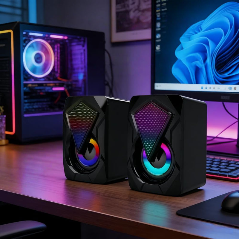 Speakers RGB Light Stereo Sound Pair for Computer Laptop Desktop，USB Plug-n-Play, External Speakers for Laptop, Enhanced Bass, Compatible with Windows, macOS, ChromeOS, Linux