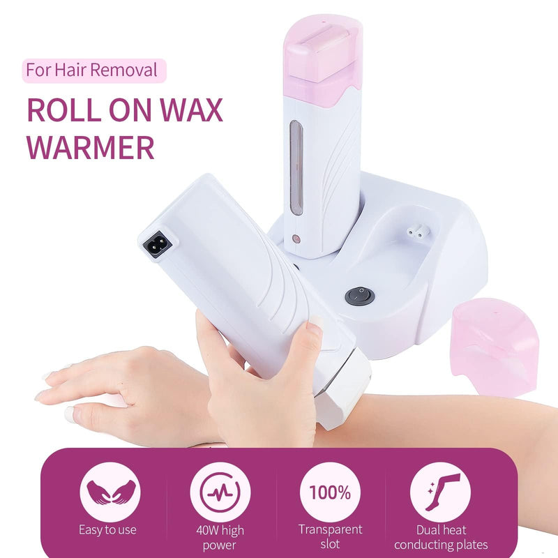 Electric Roll On Wax Warm Machine,Double Wax Roller Heater | Wax melter with wax cartridge for hair removal, with stand,Depilatory Waxing Heater for Home Salon Use Pink