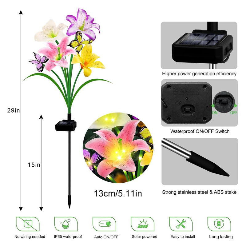 Solar Garden Lights 4 Pack LEDs Solar Lilies Flower Lights, Yard Patio Pathway Decoration High Flexibility Copper Wire Handmade Silk Artificial Flowers Never Wither, Gift for Family Friends