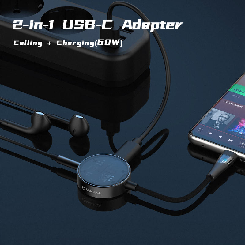 USB C to 3.5mm Headphone and Charger Adapter, 2-in-1 Hub USB Type C to TRRS 3.5mm AUX/Mic and PD 3.0 60W Fast Charging Splitter, Top Series Visualized Hi-Res DAC Chip Docking Station - Black