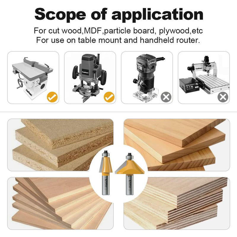 FivePears 6 PCS Chamfer Router Bit Set 1/2 Inch Shank, Edge Forming Bevel Carbide Tipped Router Bit with Bearing, Miter Angle Milling Cutters Tool, Including 11.25, 15, 22.5, 30, 45, 60 Degree 6 PCS Set - 1/2" Shank Multiple Angles (11.25°-60°)
