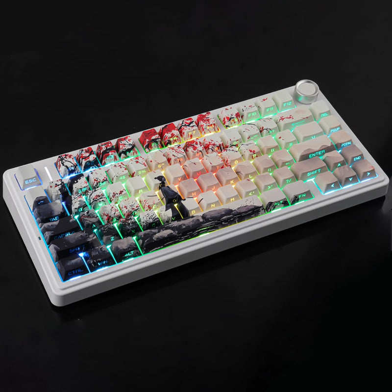 Tsungup Custom Japanese PBT Cool Keycaps, Key Caps Keyboard Keycap Set | Blossom Samurai Side Printed 131 Keys Cherry Profile for Cherry MX Switches Mechanical Keyboard