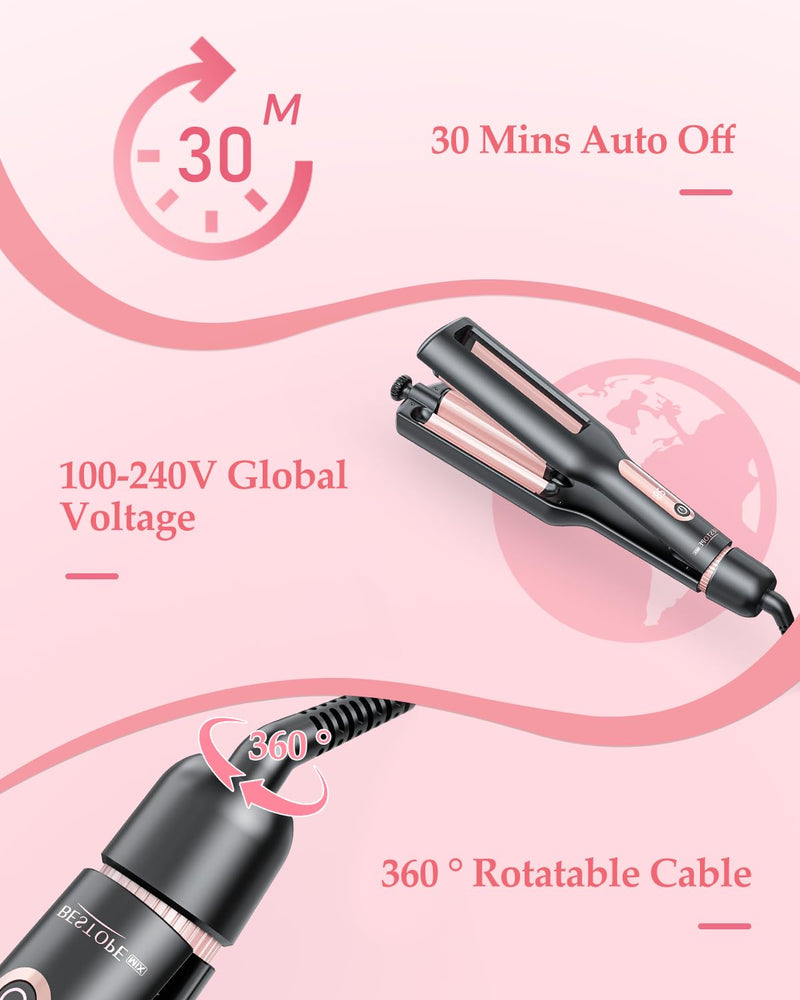 4 in 1 Adjustable Wave Curling Iron - 22/25/32/38mm Ionic Beach Waver Hair Curler with Ceramic Electrical Coating, Anti-Scald, 30S Heat Up, Digital Display, 4 Temperature(140°C-210°C), Black+Rose Gold