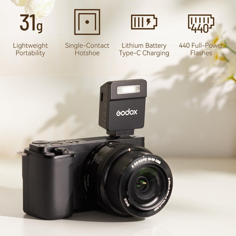 GODOX iM22 iFlash Camera Flash, 440 Full-Power Flashes Mini Flash Speedlite with Five-Level Adjustment, Built in Lithium Battery for Fuji, for Canon, for Nikon, for Sony, for Olympus Camera Black