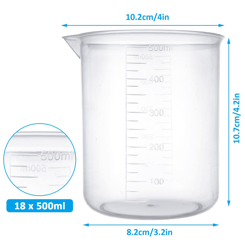 18 Pack Plastic Beakers 500 ml Graduations Premium Polypropylene Plastic Graduated Measuring Cups for Science Lab Equipment, Home Experiment, School Teaching Supplies Transparent