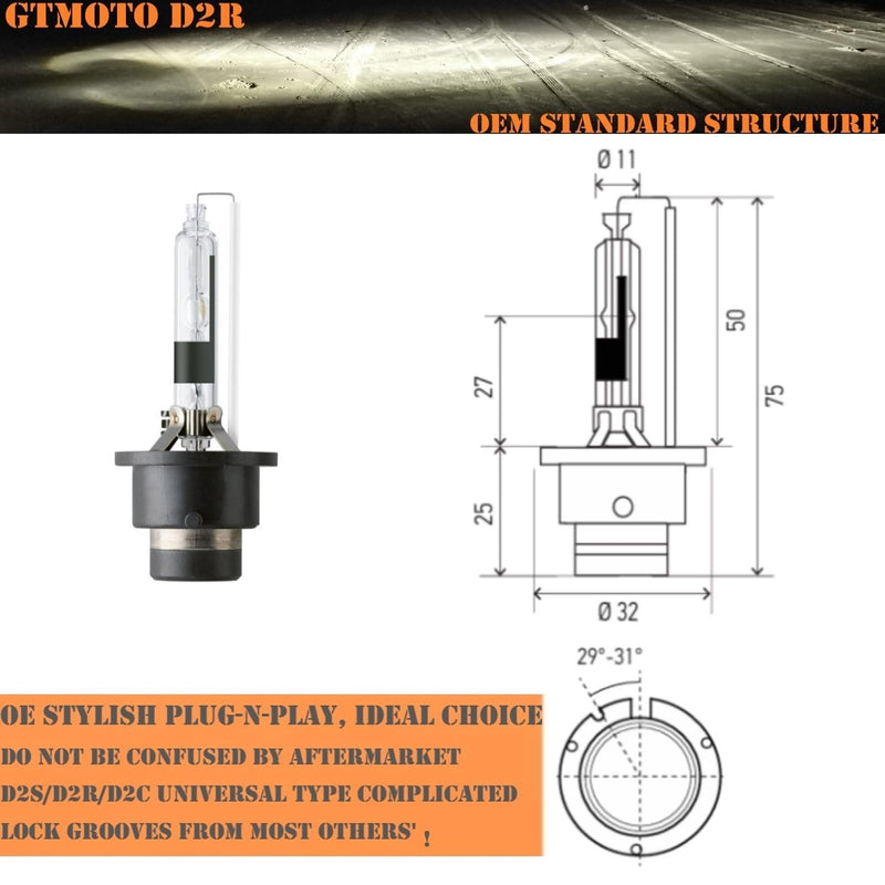 for 2008 2009 2010 2011 2012 2013 Nissan Rogue Headlight HID Low Beam with D2R Xenon Bulb Only, Replace OEM 35W Headlamp 4300K 85V D2RC1 Dipped Light, 6000K Cool Bright White Lamp, 2-Pack