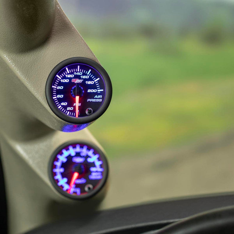 GlowShift Black 7 Color 200 PSI Mechanical Air Pressure Gauge for Air Ride Suspension Systems - Includes Wiring - Multi-Color Display - Black Dial - Clear Lens - 2-1/16" 52mm