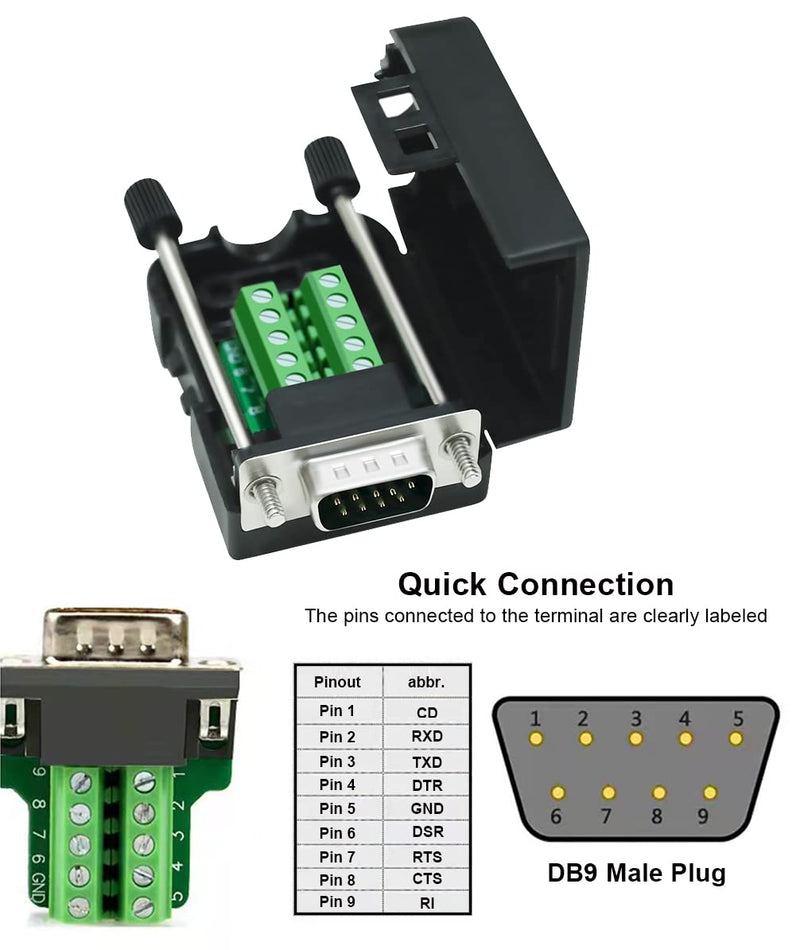 DTech DB9 Breakout Connector, Male RS232 Serial Adapter, Solderless Module Board with Screw Terminals, Case, Long Bolts, Tail Pipes DB9 male + long bolts