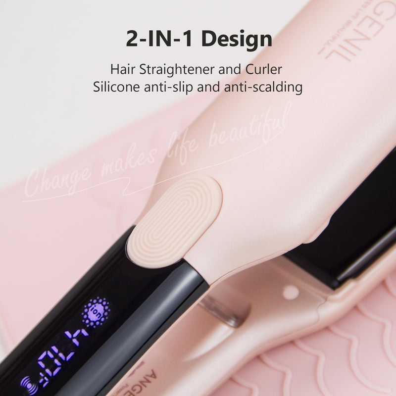 ANGENIL Professional Titanium Flat Iron Wide, Dual Voltage, Fast Heating | Pink Hair Straighteners for Women 4.5cm Wide, Heat Proof Mat, Curling Function, Heat Silicone Mat, Dual Voltage, 160-240°C 4.5 cm - blush