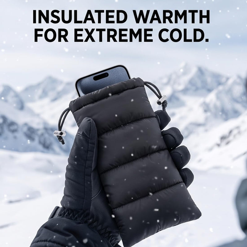 1 Pcs Thermal phone case, insulated pouch,Down Cotton Warm Phone Case Cover Bags Prevents Freezing/Overheating Protector Cellphone Pouch with Carabiner Ideal for Outdoor Camping Hiking Skiing (Black)