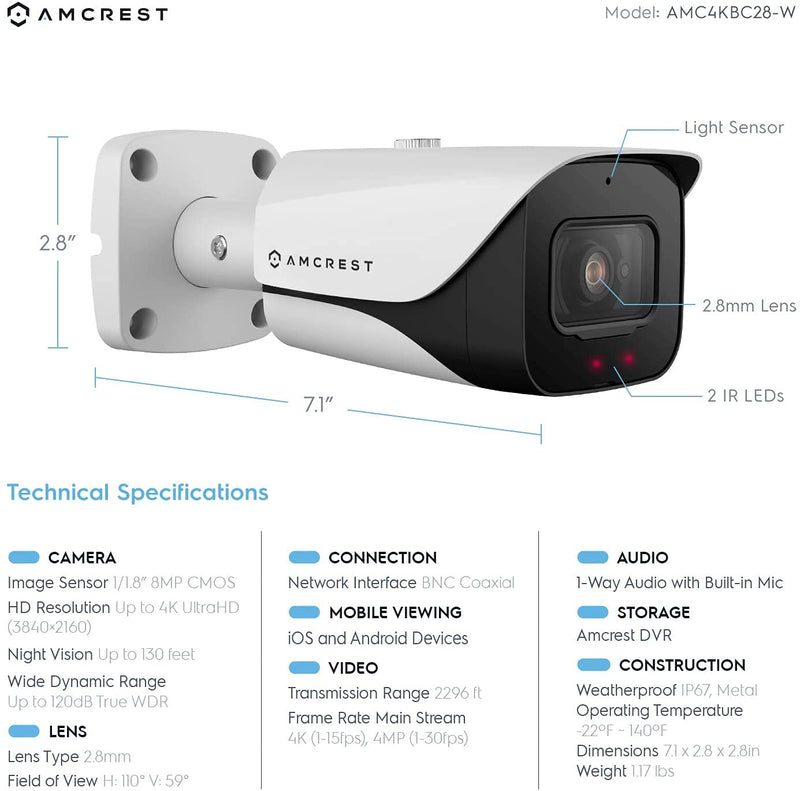 Amcrest 4K Analog Outdoor Security Camera, Bullet 4K (8MP) @15fps, CCTV-Coax-BNC, 98ft Night Vision, IP67 Metal, 125° Angle, Mic, White (Not an IP Camera) (DVR Required, Not Included) (AMC4KBC28-W-V3)