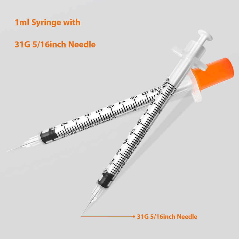 100 Pack U-100 1cc 31 Gauge 5/16 Inch Syringes with Needle, Individually Packed 100