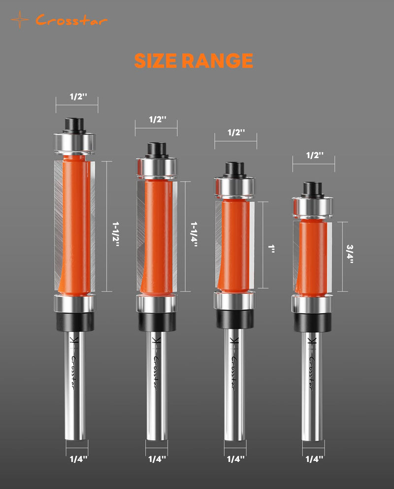 Crosstar 4Pcs Flush Trim Router Bit Set 1/4" Shank, Top & Bottom Bearing, Carbide Template Guide Bits for Woodworking - 1/2" Diameter, 3/4", 1", 1-1/4", 1-1/2" Cutting Length with Wrenches & Bearings