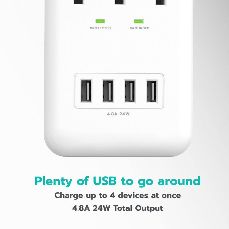 KMC 3-Outlet Wall Mount Surge Protector, 900 Joules, 4 USB 4.8 AMP USB Charging Ports, Phone Holder Cradle for Home, School or Office, ETL Certified (2 Pack) 2 PACK