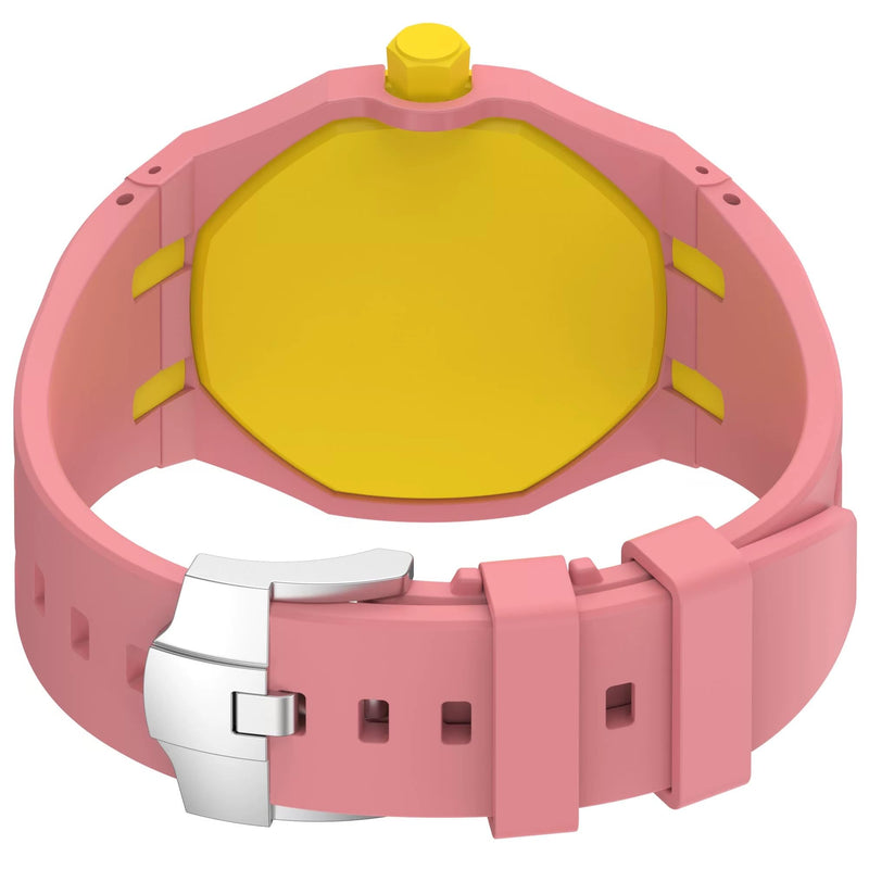 Rugged Case Band Compatible with AP x Swatch Royal Pop Watch Band, 10.6inches, Quick Release Bands Sport Replacement Strap, Sports Silicone Strap with Shockproof Frame Bumper Case for Men Women Strap pink&yellow-3-o'clock