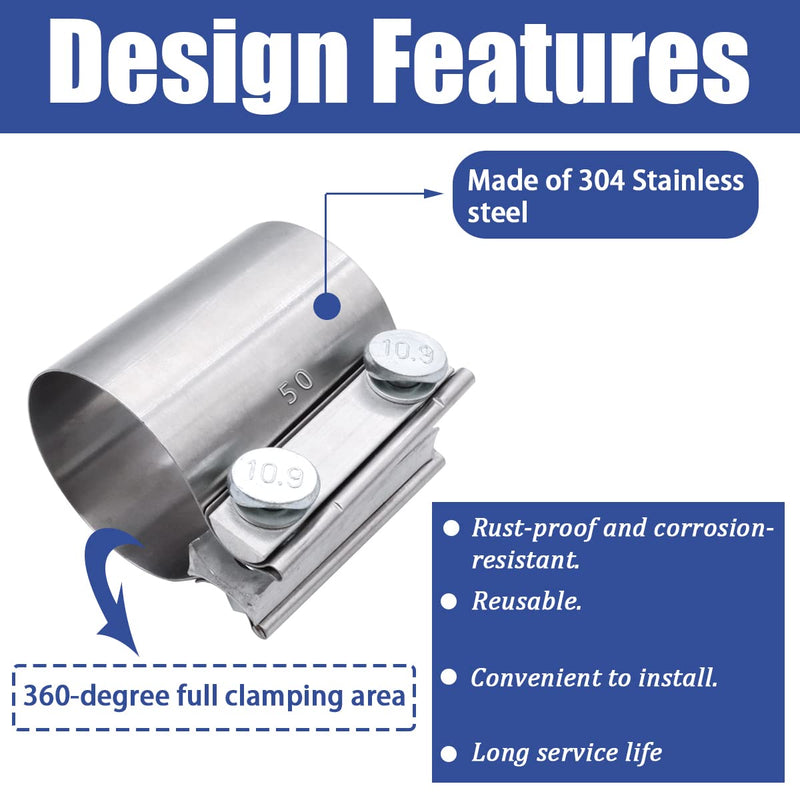 Dianrui 2PCS 2" Butt Joint Stainless Steel Clamp Band,2" Universal Widening Clamp Fit for Exhaust System 2"