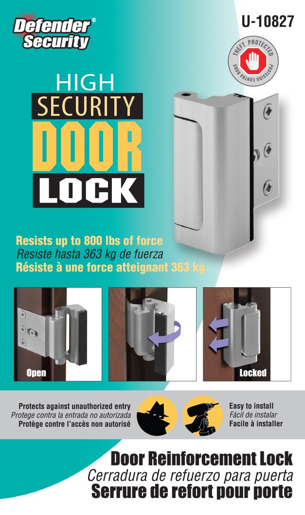 Defender Security U 10827 Door Reinforcement Lock, Pack of 2 | Satin Nickel Aluminum Finish, 3 Stop, High Security, Prevent Unauthorized Entry
