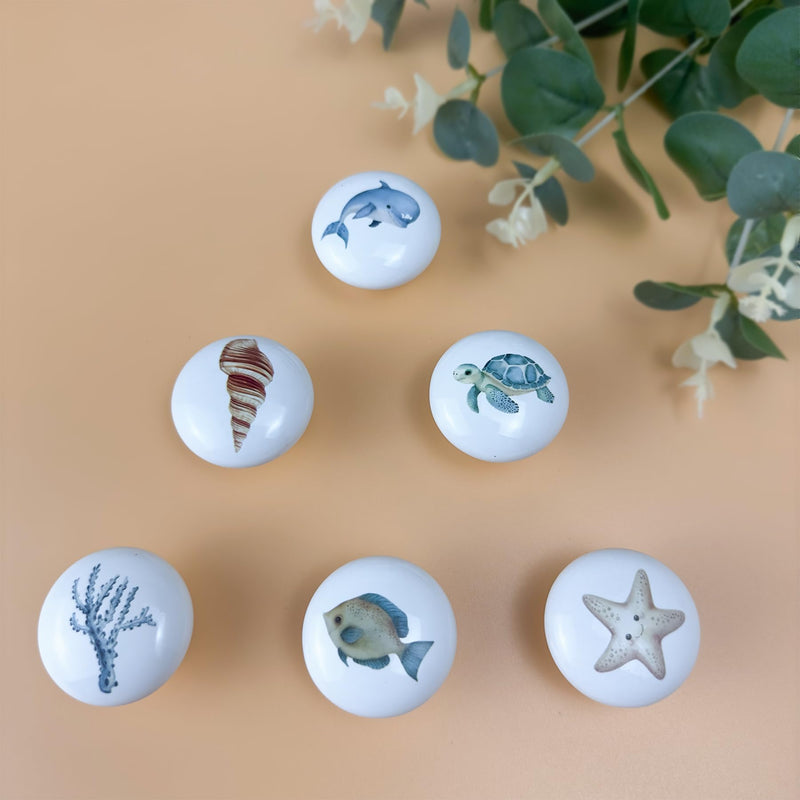 Set of 6 Ceramic Kids Nursery Fish Ocean Starfish Beachy Coastal Cabinet Dresser Drawer Door Handle Pulls Knobs 1.5 X 1.5 Inches conch