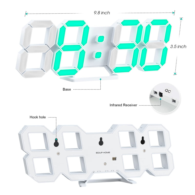 EDUP HOME 3D LED Neon Digital Desk Wall Alarm Clock RGB Night Light 7 Colors 9.7" with Remote Control for Bedroom/Living Room/Kitchen/Office, Adjustable Brightness,12/24 Hr, Time/Date/Temperature 7 Colors Lights 9.7" Led Clock + White Design