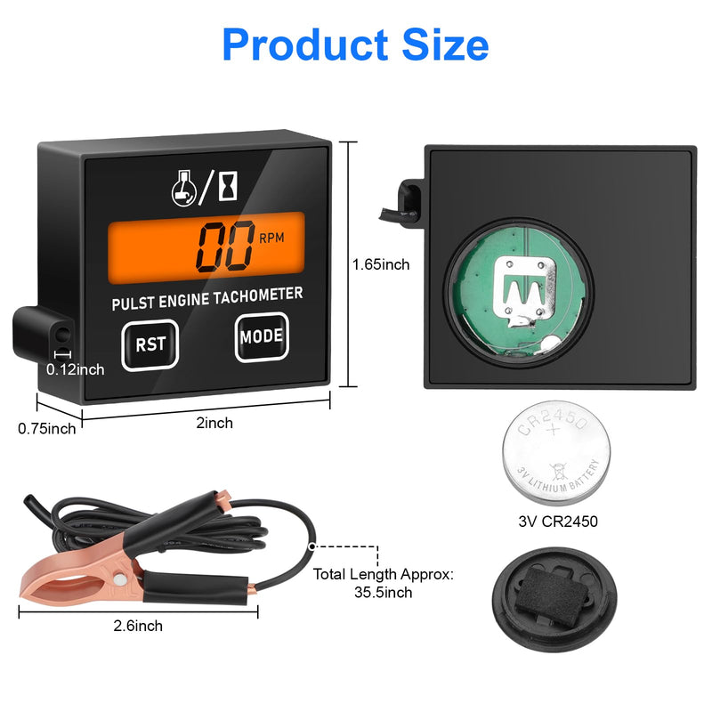  [AUSTRALIA] - Linkstyle Small Engine Tachometer, Backlight Digital Tachometer Tach Gauge Meter with Clip, Inductive Hour RPM Meter for 2 Stroke 4 Stroke Small Engine Black+RST+MODE+Backlight