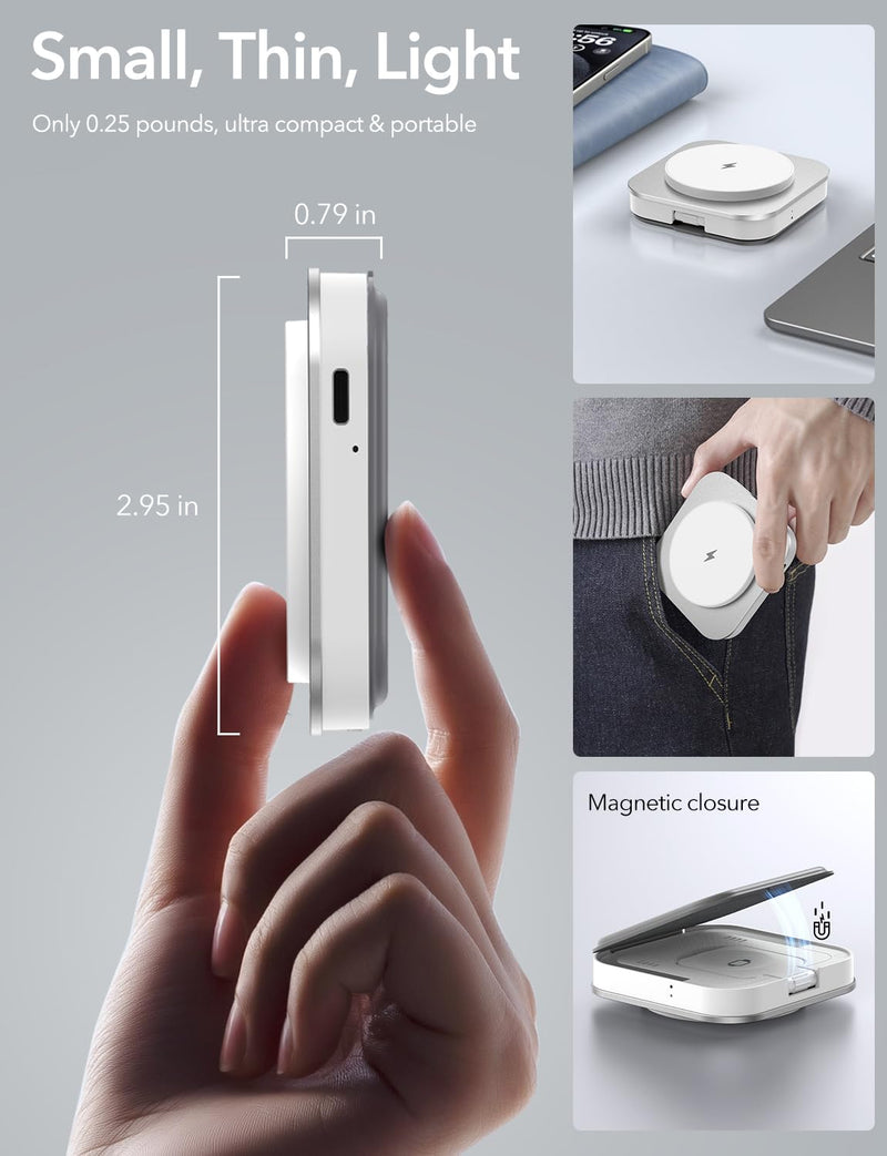 3 in 1 Foldable Magnetic Wireless Charger with Aluminum Alloy Stand, Mag Safe Charging Station Stand with PD 20W USB-C Adapter, for iPhone 15 14 13 12 Series, Apple Watch and AirPods, White