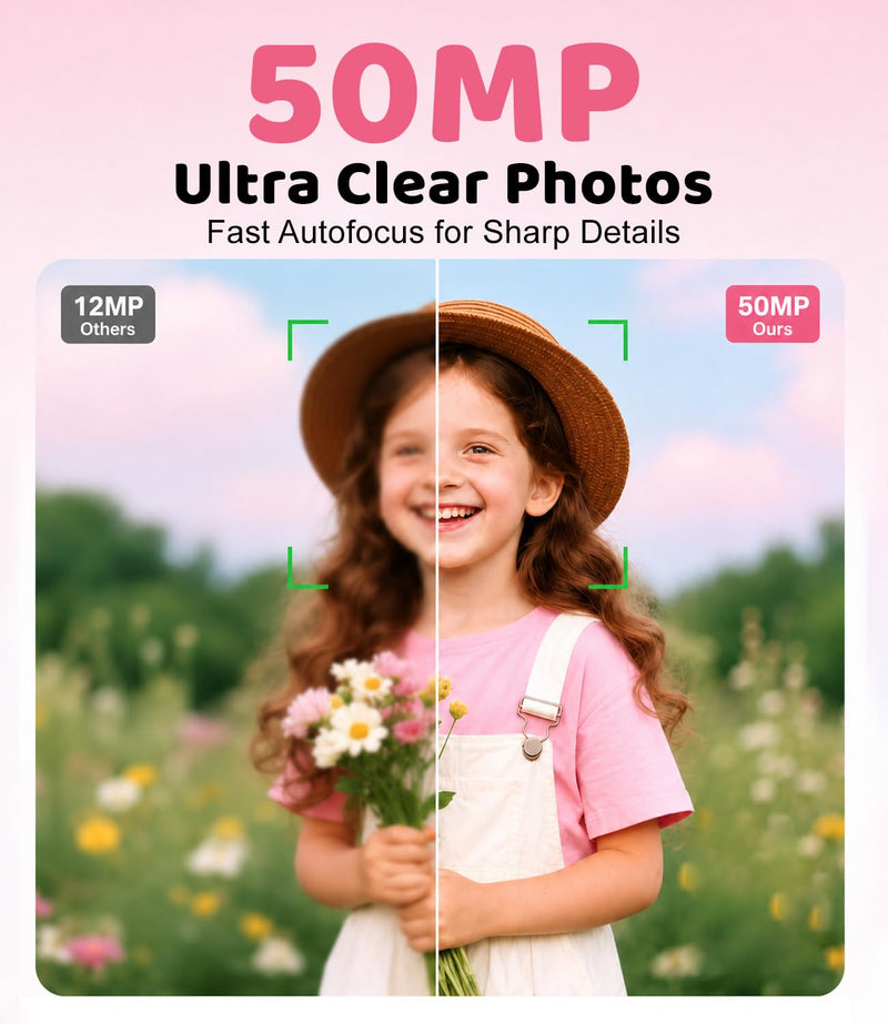 Pink Digital Camera, 50MP FHD 1080P Portable Point and Shoot Camera, Small Digital Camera with 16X Digital Zoom, Anti-Shake Vlogging Device for Daily Life, Travel, Kids, and Beginners Pink