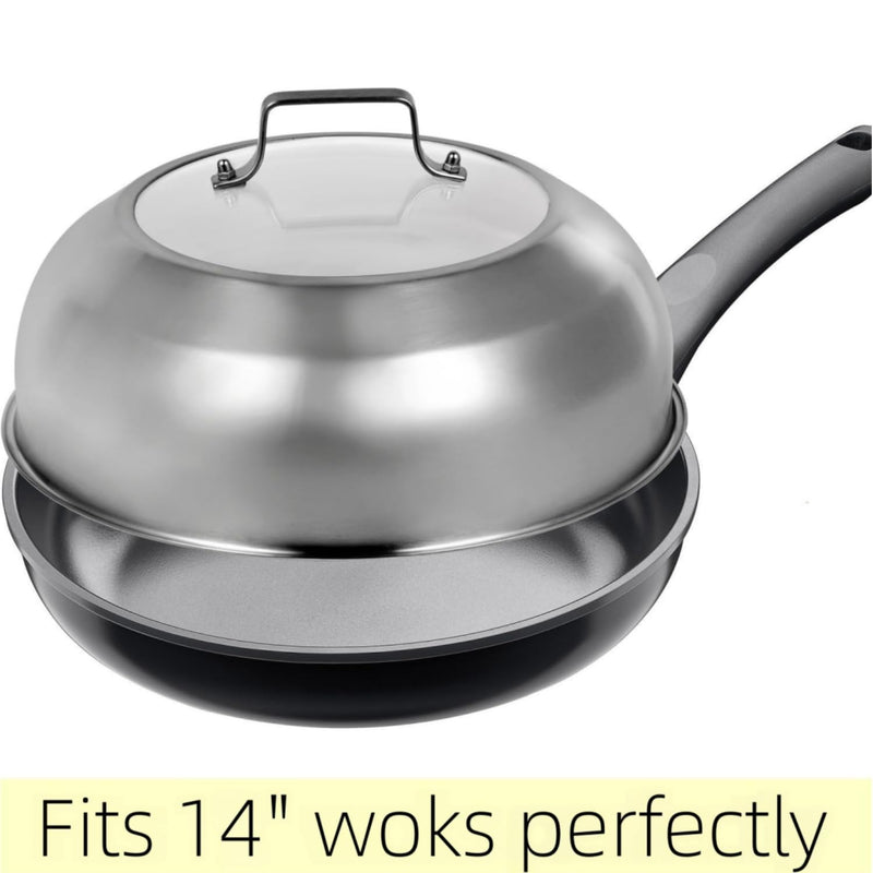 13.5 Inch (13 Inch Inner Diameter) Stainless Steel Basting Cover, for 14 Inch Woks, Melting Dome for Griddle Cooking, Round Steaming Cover Lid with Tempered Glass Top and Steam Holes 13.5" for 14 Inch Woks