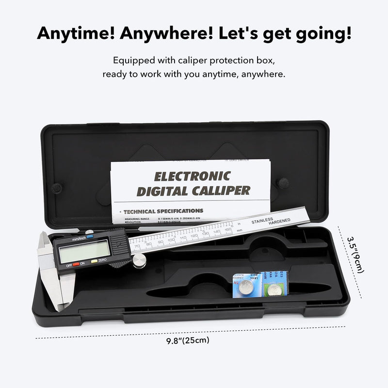 Digital Caliper Precise Measuring Tool, Vizbrite 6 inch Stainless Steel Electronic Vernier Calipers with Auto-Off Large LCD Screen, Accurate to ±0.001in/0.01mm, Easy Use Caliper 150mm Black Stainless Steel