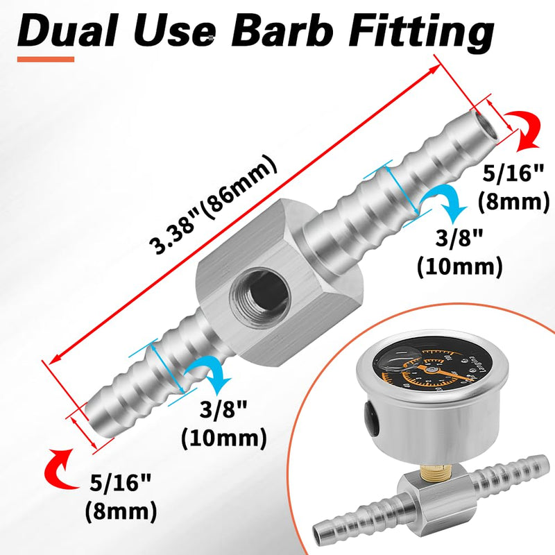 1/8" NPT Fuel Pressure Gauge Kit, 0-15psi Fuel Gauge, 1/8" Back Mount, Glycerin Filled Pressure Gauge with 2-Way Barbed Hose Fitting, Dual Use 5/16"(8mm) to 3/8"(10mm) Barb Fitting(304SS)