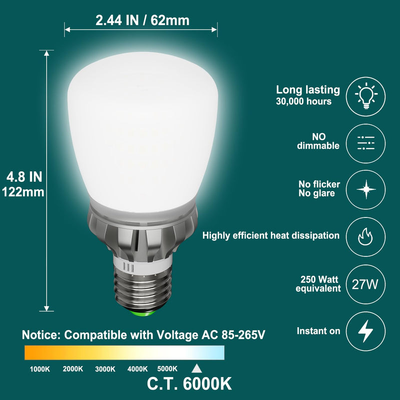 A19 LED Light Bulbs, 3670 Lumens E26 LED Bulb, 250W Equivalent, 6000K Cool Daylight White Non-Dimmable, 22-Year Lifetime, 27W Energy Saving for Home Office Garage Cool Daylight White 6000k