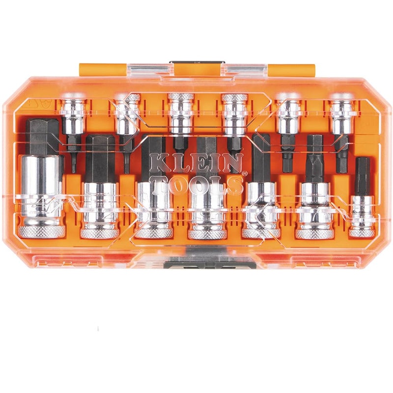 Klein Tools 65213HEXM Knurled Hex Bit Metric Socket Set, 1/4, 3/8 and 1/2-Inch Drives, Premium Cr-V Steel, Metric Sizes 2 mm to 14 mm, MODbox Case, 13-Piece