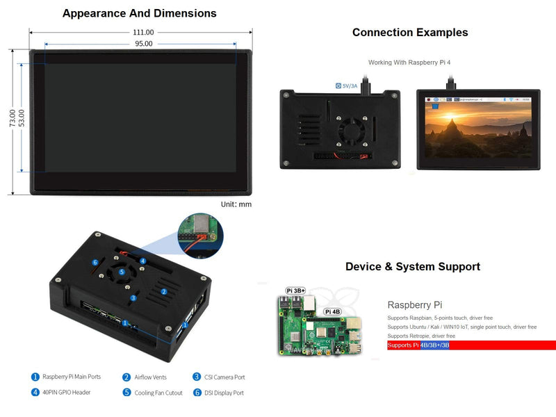 waveshare 4.3inch DSI LCD Capacitive Touch Display with Protection Case for Raspberry Pi 4 B,800×480 Resolution IPS Screen Wide Angle,MIPI DSI Interface