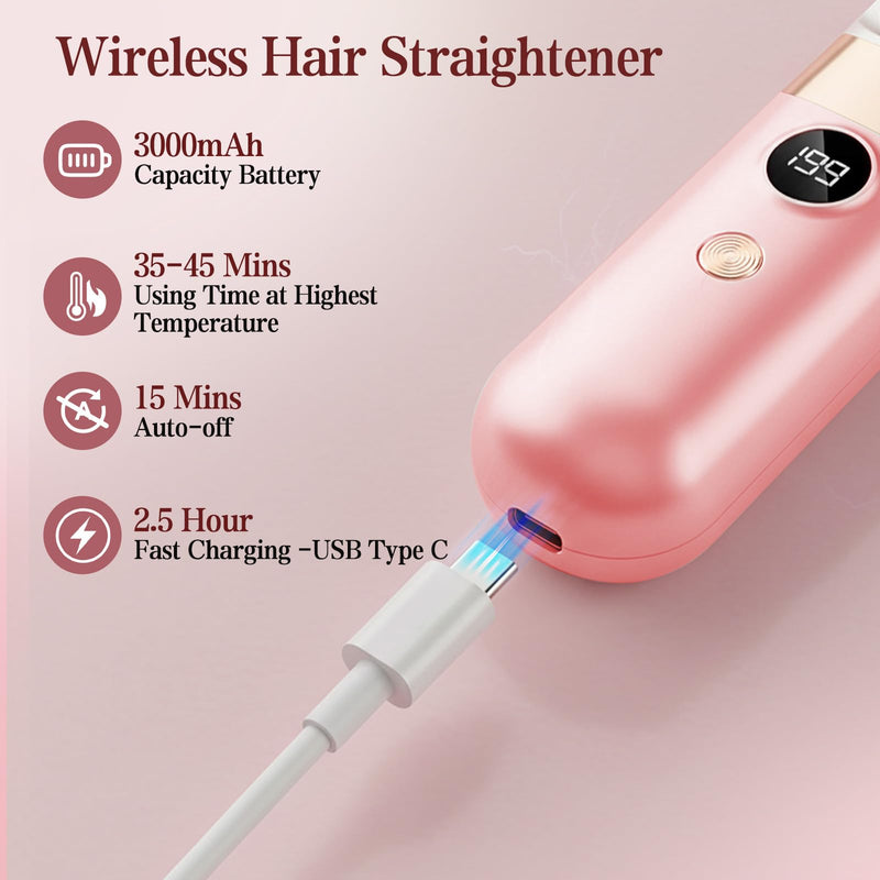  [AUSTRALIA] - Go Brush Pro UK Cordless Hair Straightener Brush, Pink | Rechargeable Ceramic Styling / 4 Heat Modes / LED Display / Portable for Travel & Daily Touch-Ups