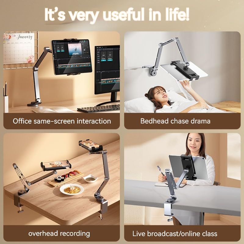 Rotatable Holder Stand Tablet Holder Multi-Angle Design Phone Clip Swivel Mount Desktop Aluminum Alloy Cantilever Bed Desk Home Live Folding Bracket Compatible with 4"-13" Phone Tablet (Silver) Silver