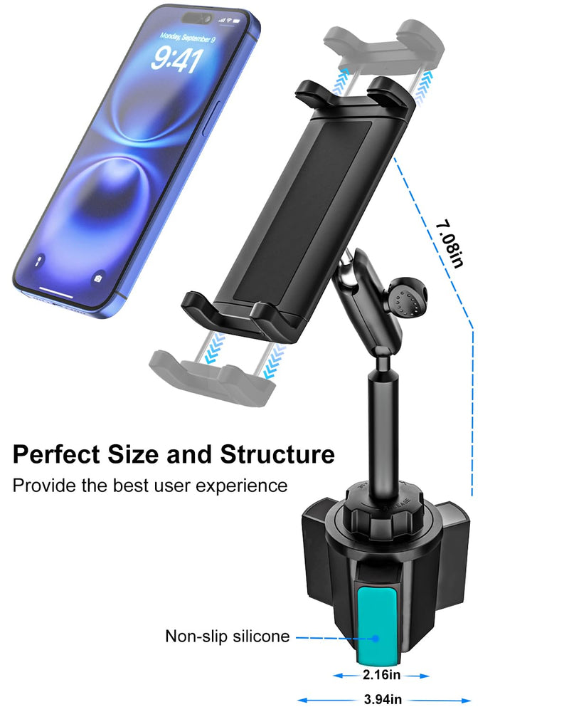Cup Holder Tablet Mount for Car [Anti-Shake Metal Arm] Heavy Duty iPad Cup Holder Mount for Truck, Tesla, Vehicle, for iPad Pro 12.9 Air Mini Galaxy Z Fold iPhone, 4-13'' Cell Phone Tablets