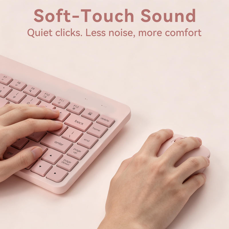 Wireless Keyboard and Mouse Combo, Pink, Quiet Compact Set | Small Portable Travel Set for Laptop PC Mac Tablet Computer, 2.4G Silent Click, Slim Teclado, Plug and Play USB Receiver Dusty Rose