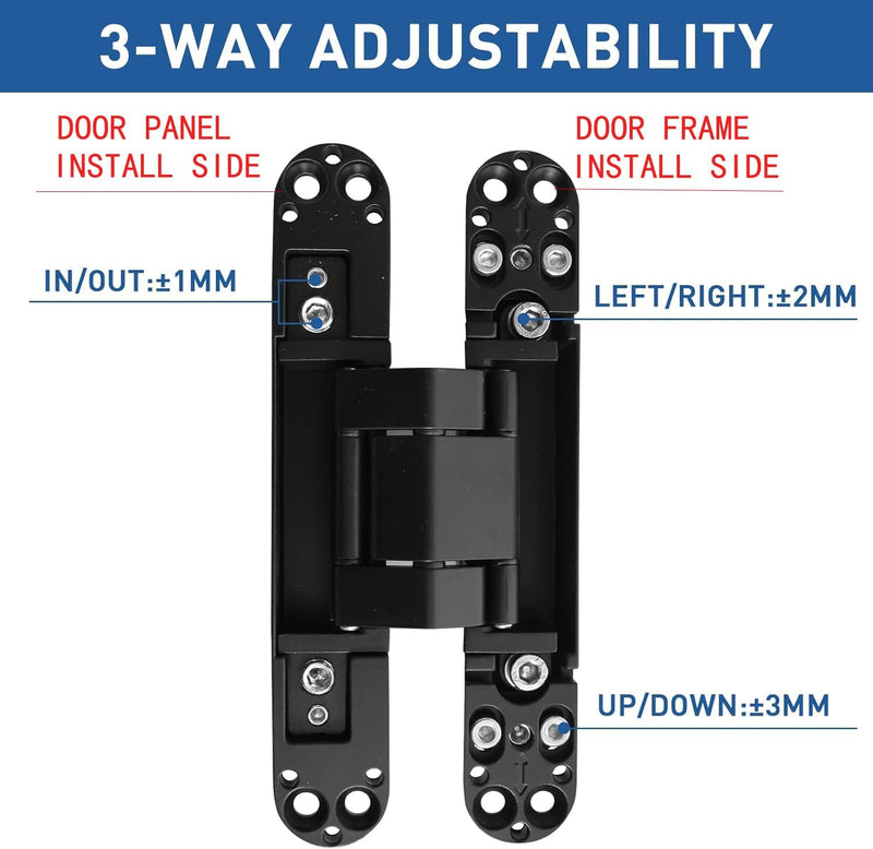TamBee Hidden Hinges Concealed Door Hinge - Black, Zinc Alloy, Invisible, 3 Way Adjustable for Hidden Door, Bookcase Door and Secret Doors 6 Inch (1 Hinge) 6inch 1pc