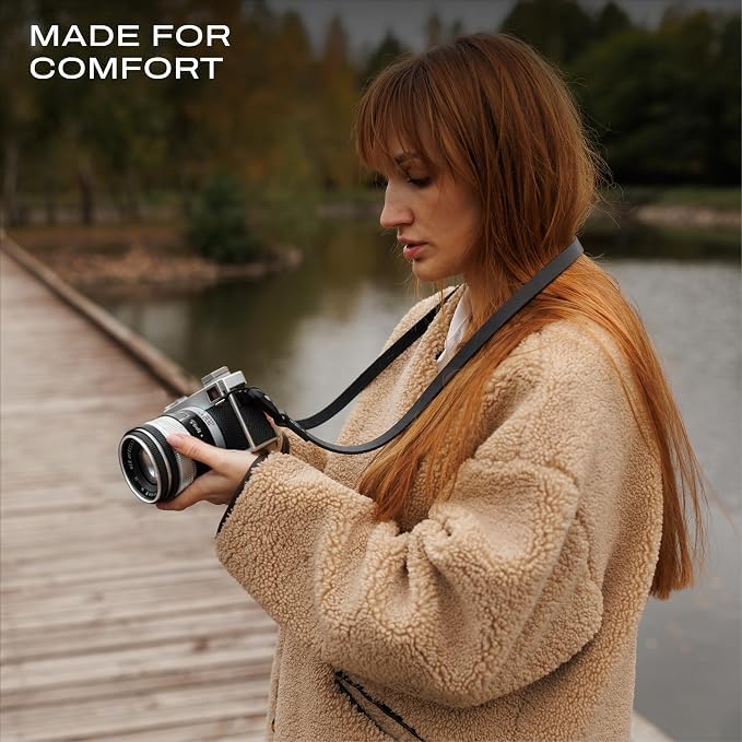 Slim Leather Camera Strap with Quick Release, Neck Adjustable Camera Shoulder Strap SLR, Big, Black