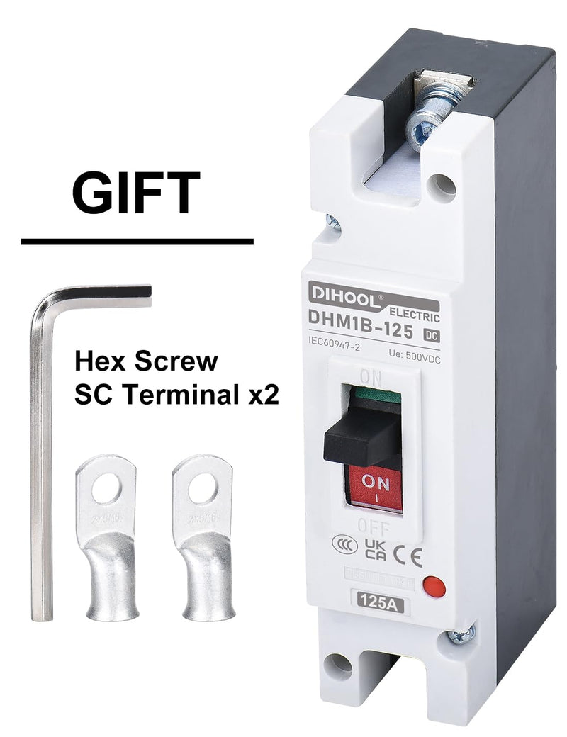 DIHOOL 125 Amp DC Breaker, Battery Disconnect Switch 500V, Thermal Magnetic Trip for Solar, Main Power, UPS 125a