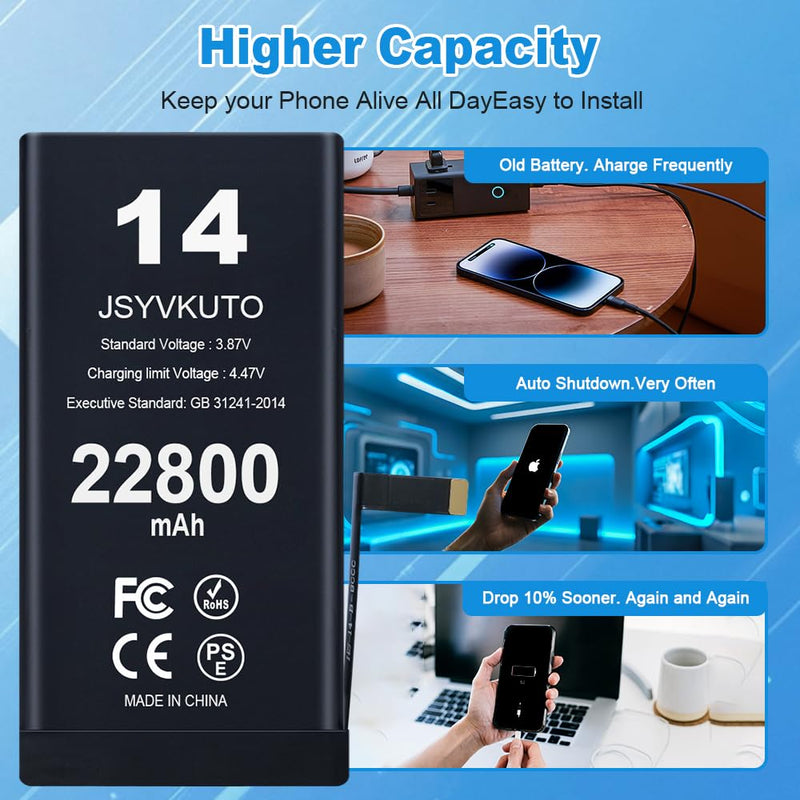22800mAh Battery for iPhone 14, New 0 Cycle Upgraded Higher Capacity Replacement Battery for iPhone 14 with Full Set Repair Tool Kit, Model A2882, A2649, A2881, A2884, A2883 14-22800