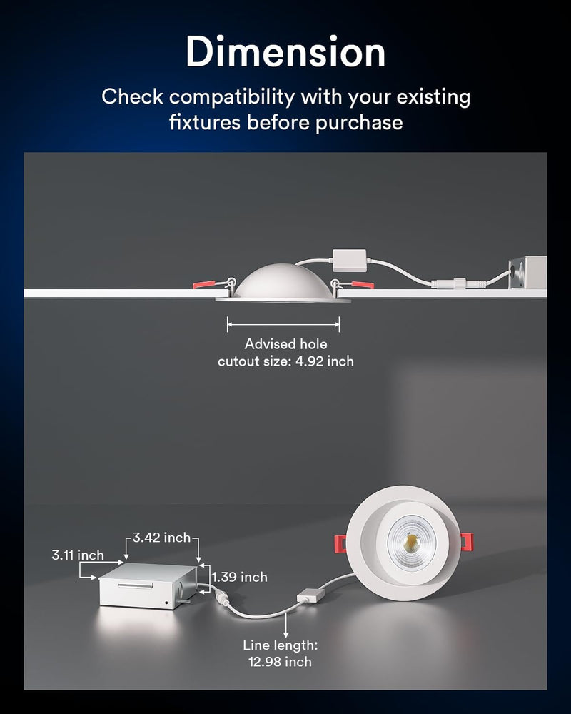 Lumary Smart RGB Gimbal Recessed Lighting 4 Inch, 355° Rotatable+90° Tilt | 7W COB Eyeball Light, 26° Beam Angle Directional Light, 2700-6500K, Compatible with Alexa/Google Assistant, ETL, 1 Pack