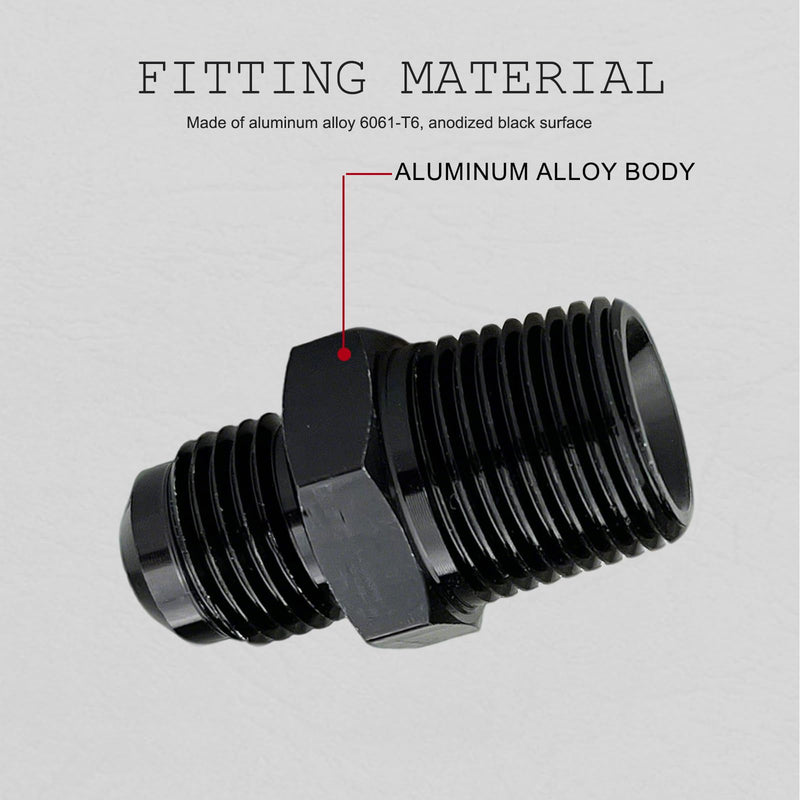 6AN Male Flare to 3/8" NPT Pipe Fitting Adapter Aluminum Straight Black, Pack of 4 6AN to 3/8 NPT