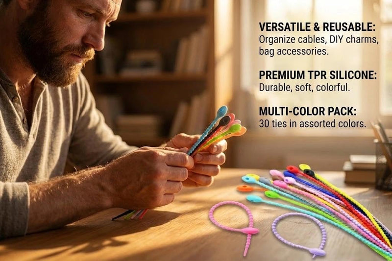 Reusable Cable Ties Organizer Straps - 30 Pack Flexible Cord Bands for Keychain Charms Bags Office Travel(5.9 Inch) 5.9 Inch